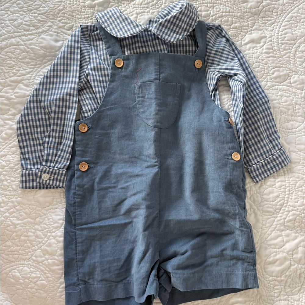 Little English. Blue Kids Overalls & Gingham Shirt Set. jumper & matching shirt